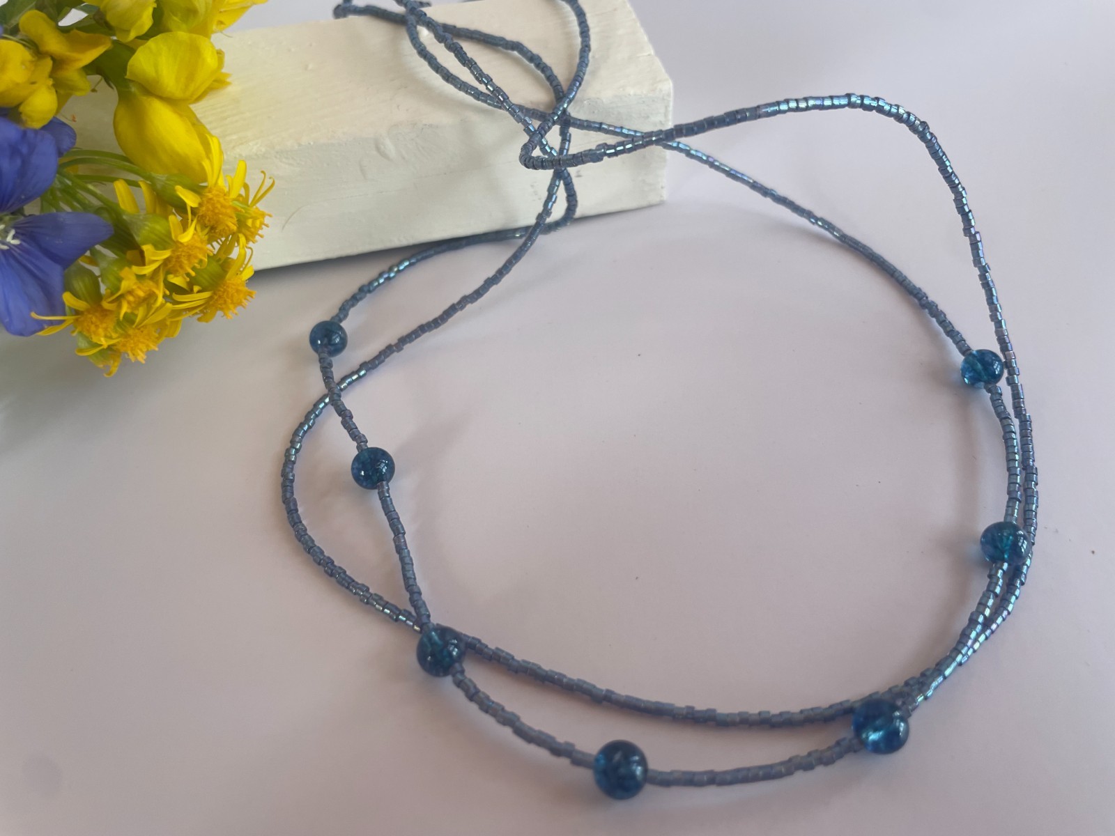 Unique Handmade Double-Strand Deep Blue/Indigo Glass Beaded Necklace