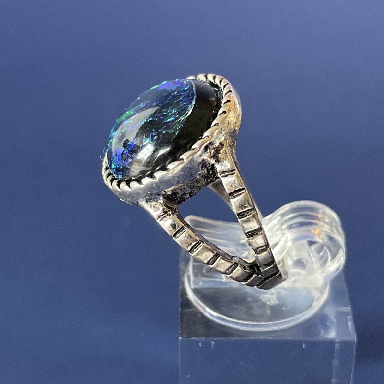 Green & Blue Dichroic Glass Silver Tone Ring – Size 6.75
