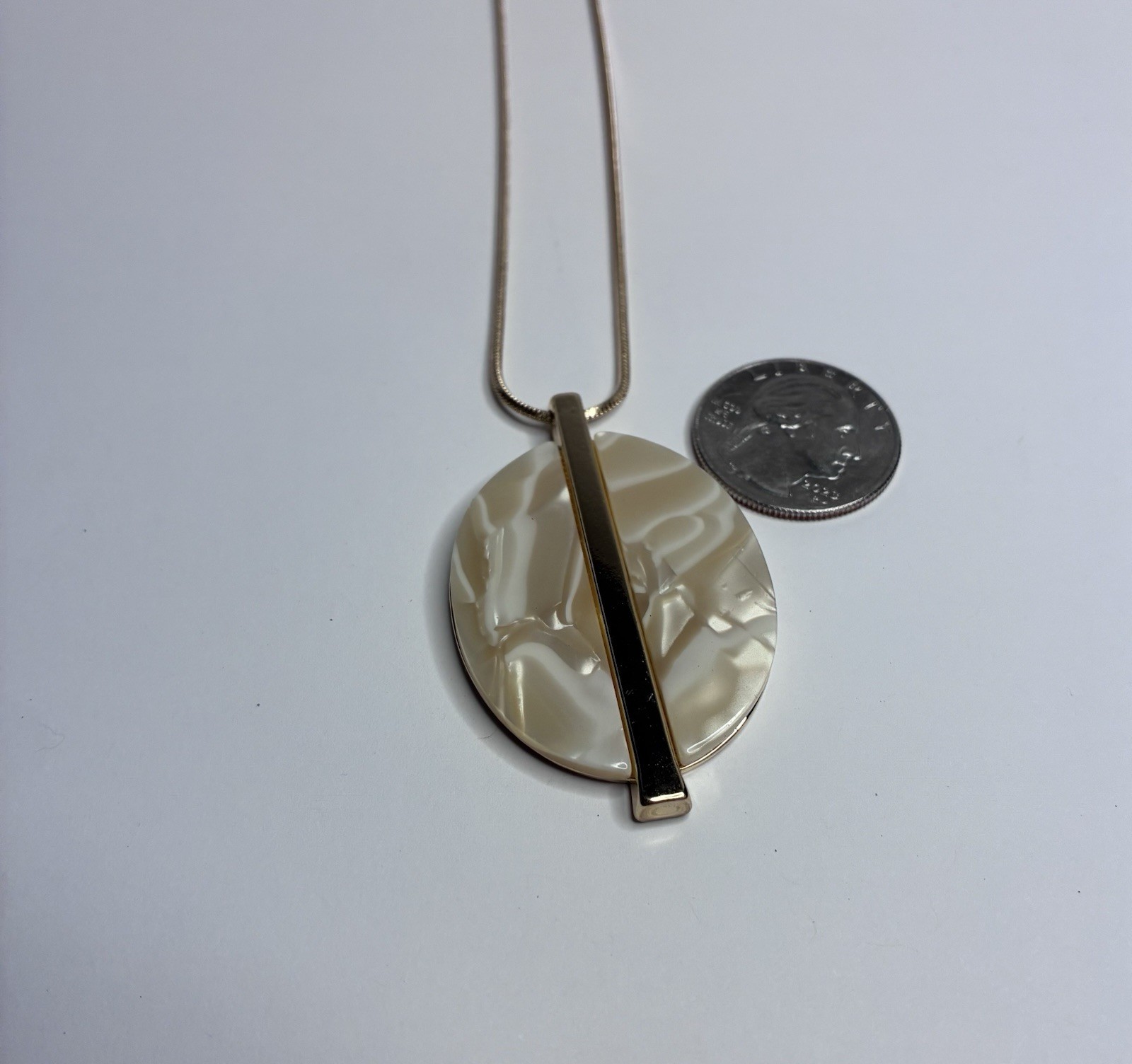 Kaari Blue Gold Colored Necklace Geometric Mother Of Pearl Ivory Style Pendant.