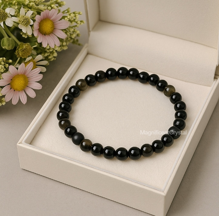 6mm Triple Protection Bracelet Black Tourmaline Gold Sheen Obsidian Black Onyx