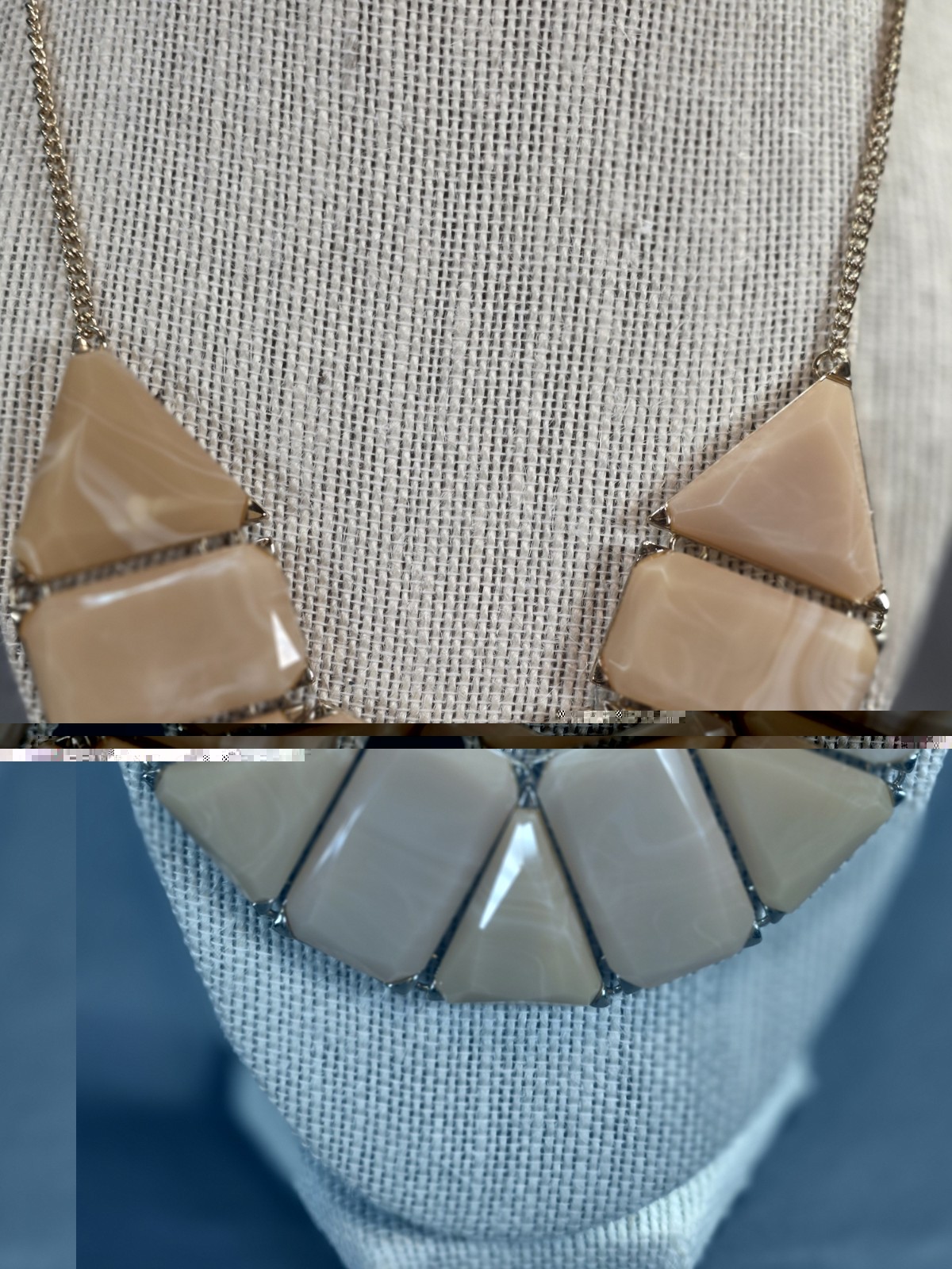 Geometric Beige Statement Necklace – Gold-Tone Chain | Neutral Resin Stone…