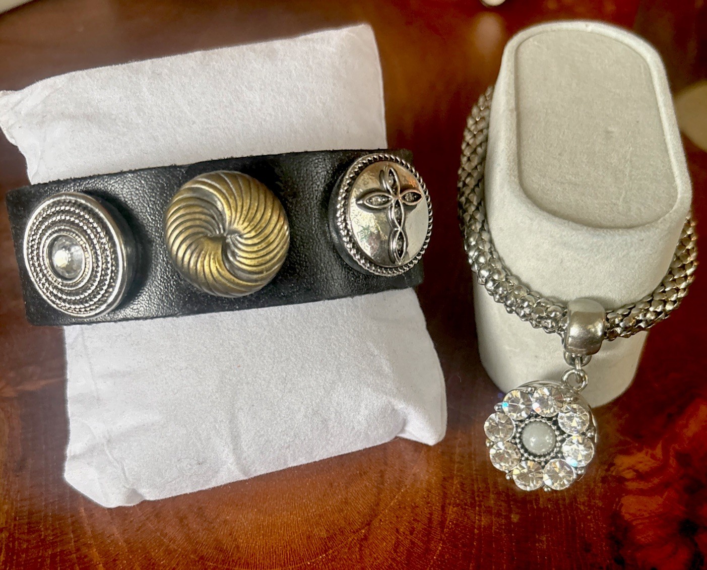 2 Vintage Black Leather & Silver Tone Snap Bracelets With Signed Ginger Snaps