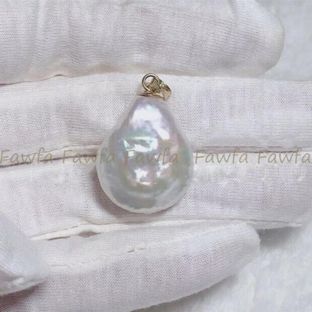 Teardrop 17x22mm Genuine Natural White Baroque Freshwater Pearl Pendant 14K