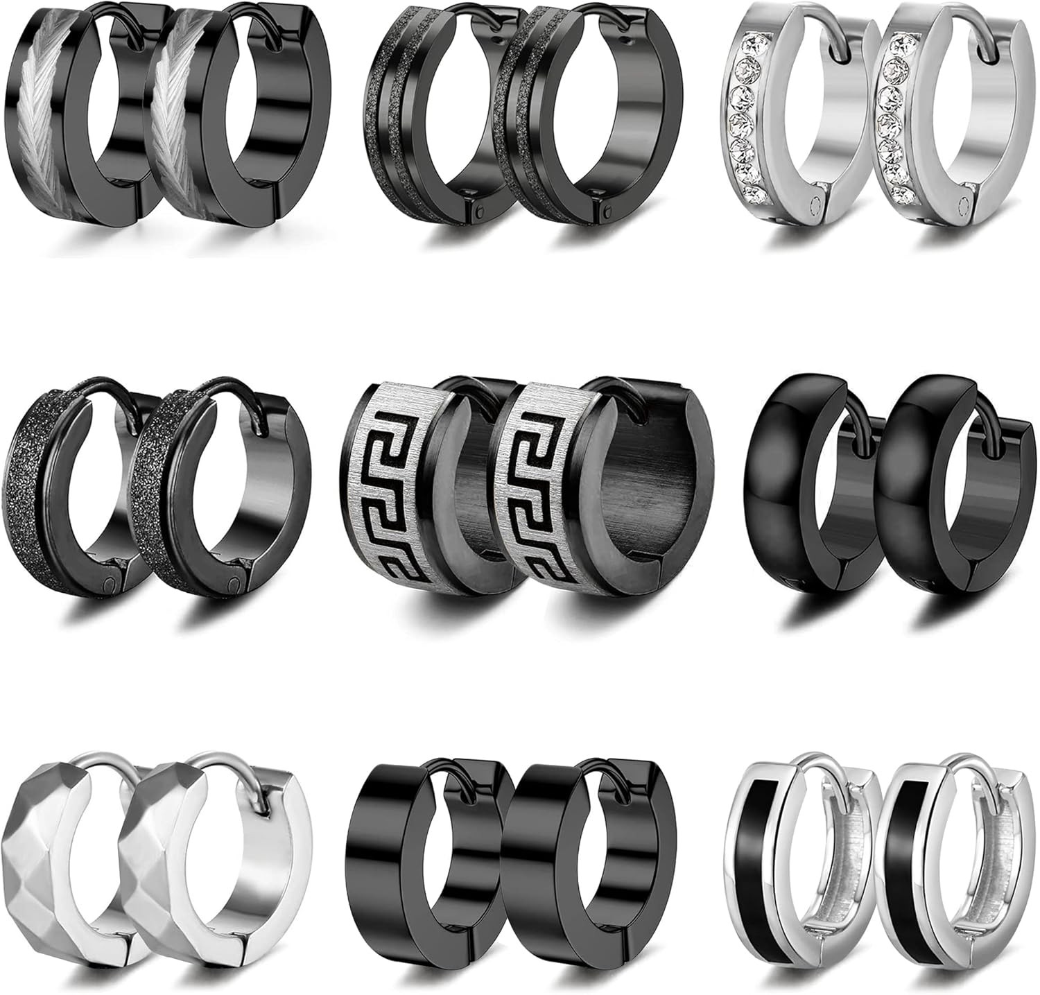 RIOSO 9Pairs Hoop Earrings for Men Stainless Steel Black Men’S Hoop Earring
