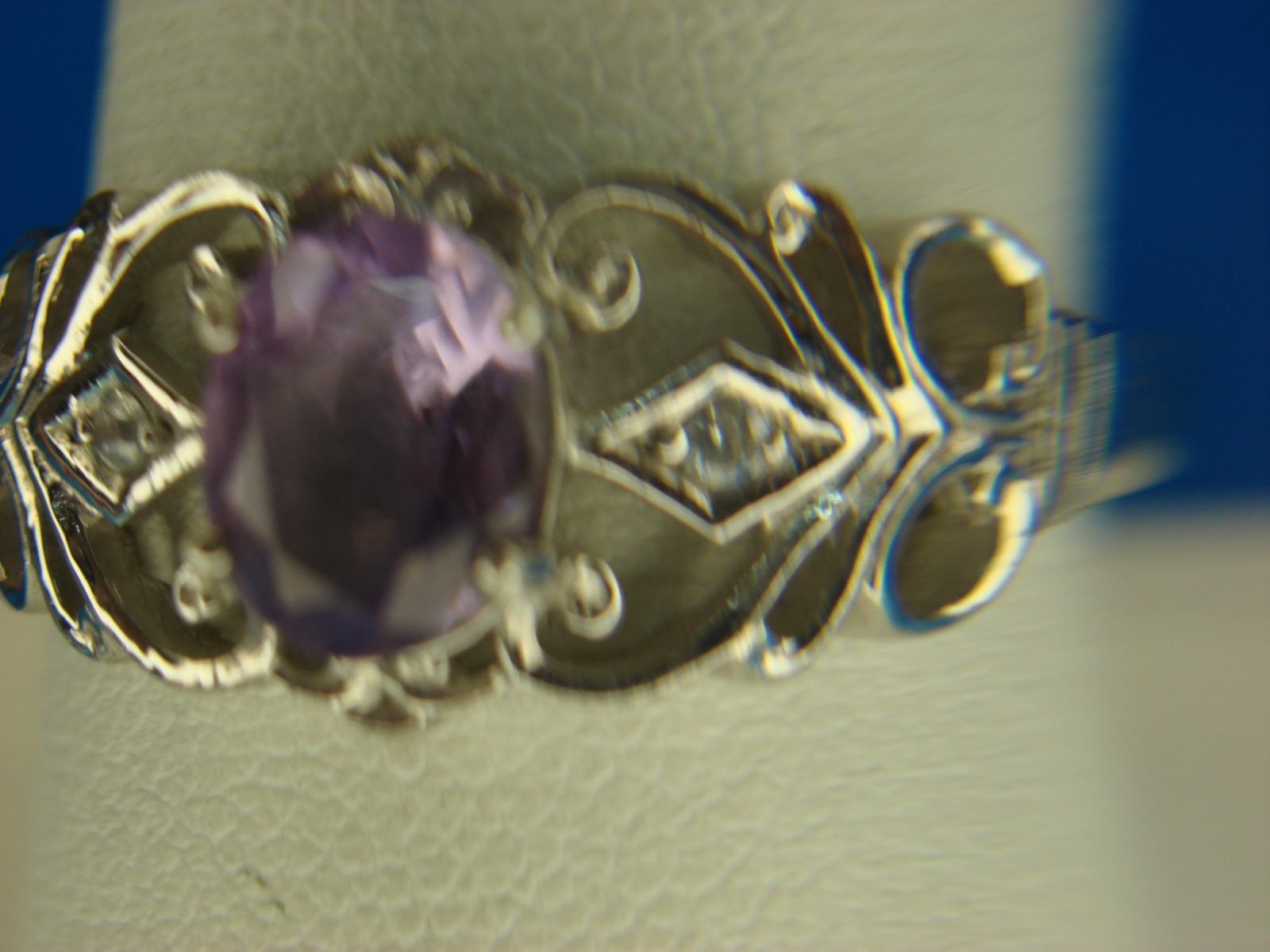 FILIGREE STERLING SILVER RING WITH 6X8 MM AMETHYST & SIM. DIAMONDS