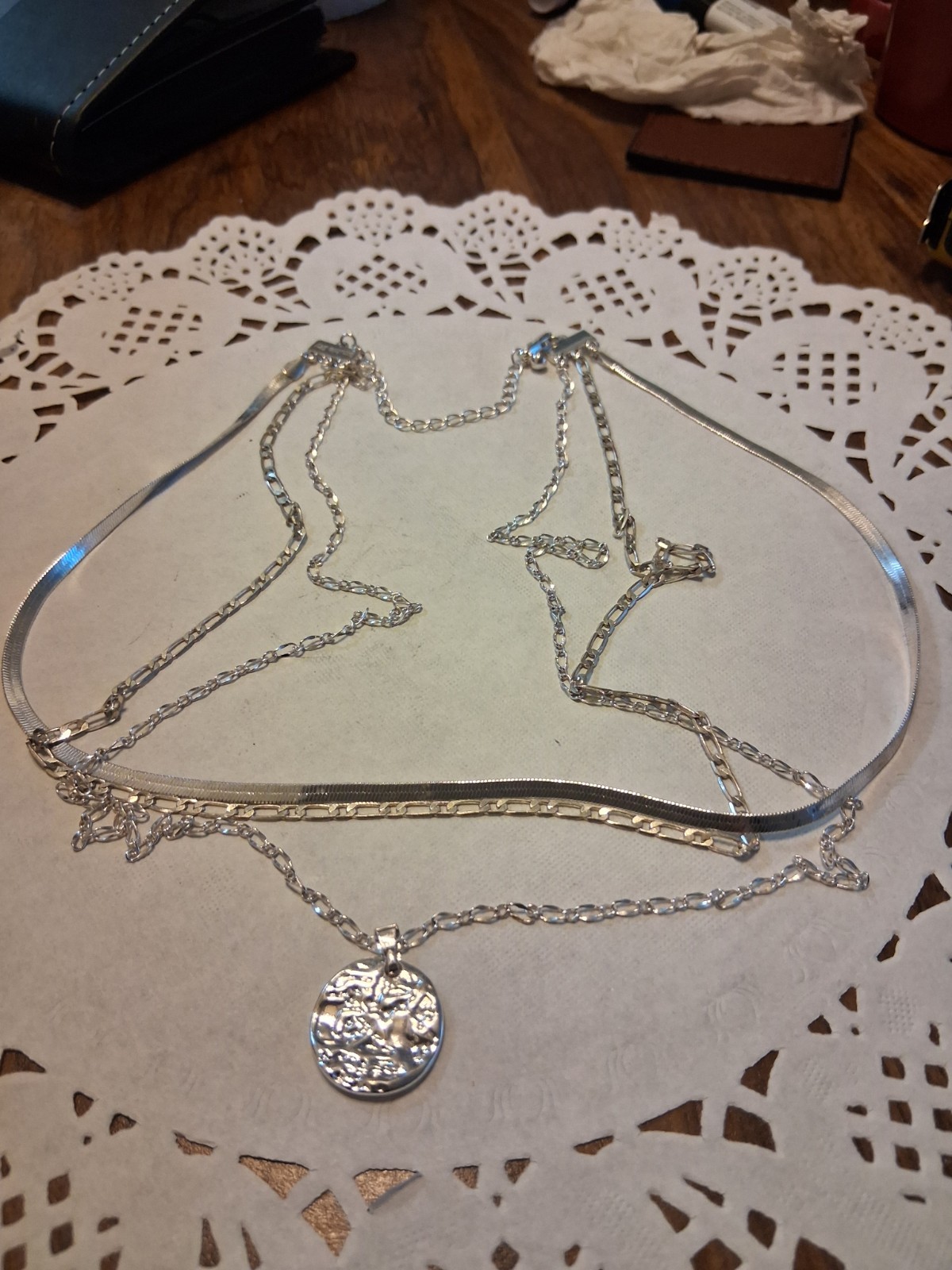 Bauble Sky Silver Tone Layered Chain Necklace Round Charm Pendant Lobster 15in