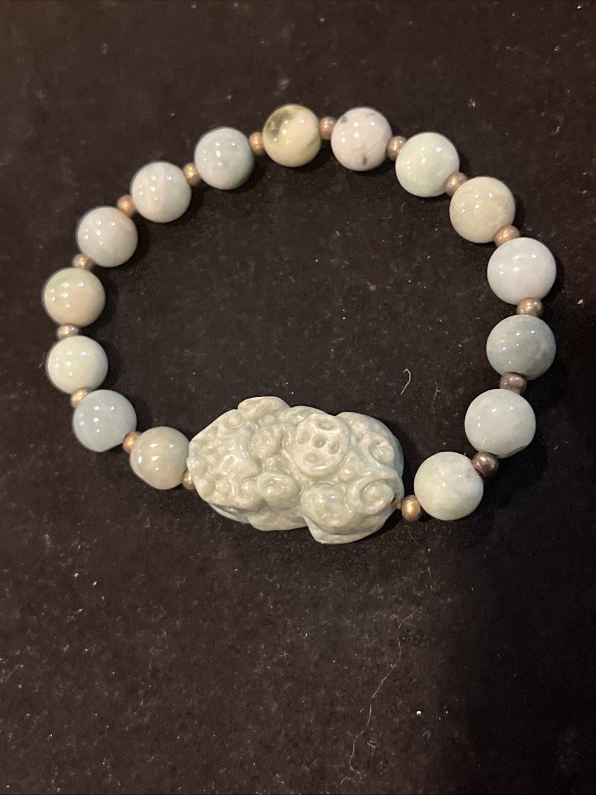 Burmese Jade bracelet Carved Pixiu Round Bead Natural Jadite Type Stretch