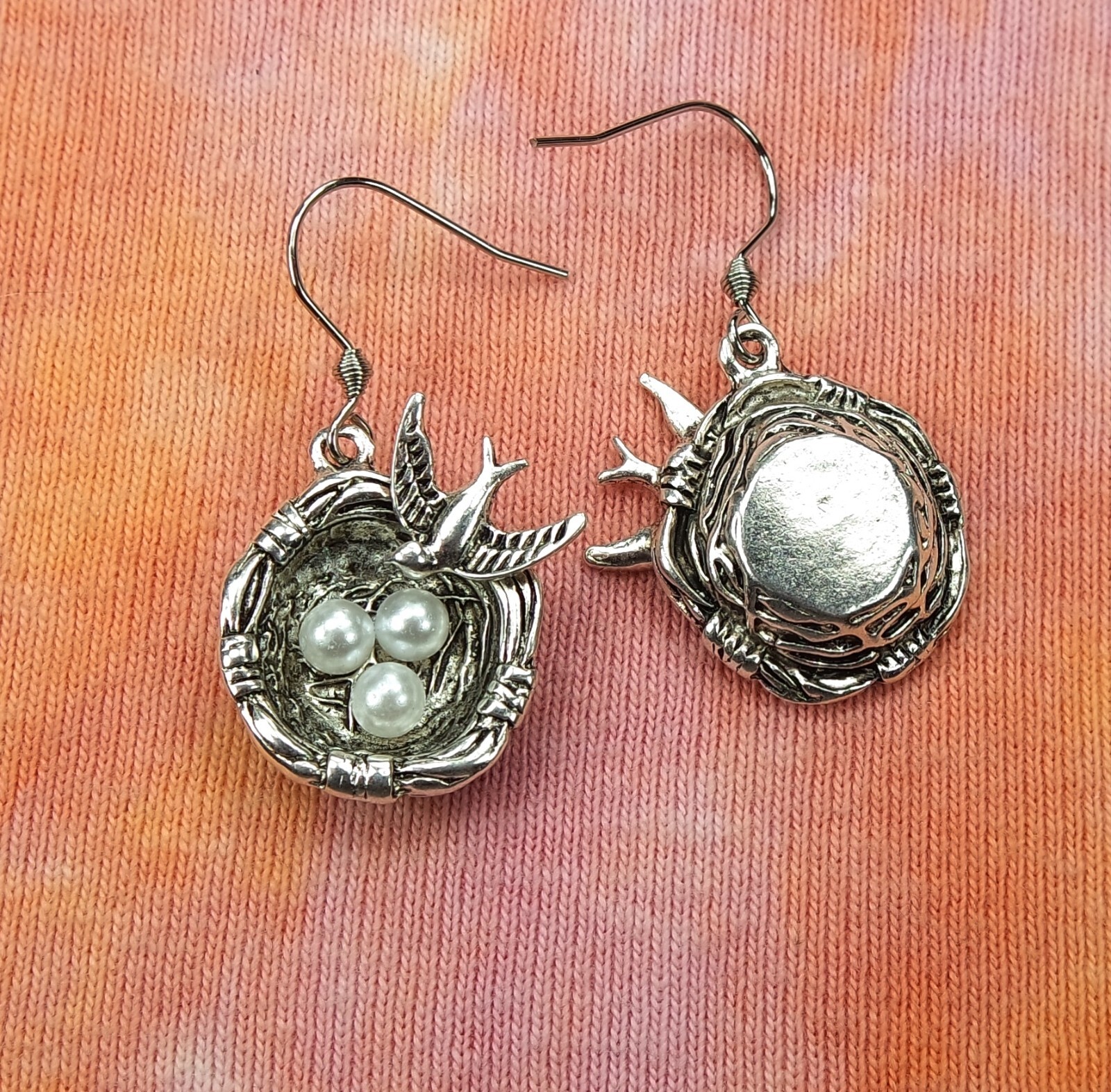 Bird’s Nest Necklace or Earrings, 3D Bird and Nest with Pearl Eggs Triplets Mom