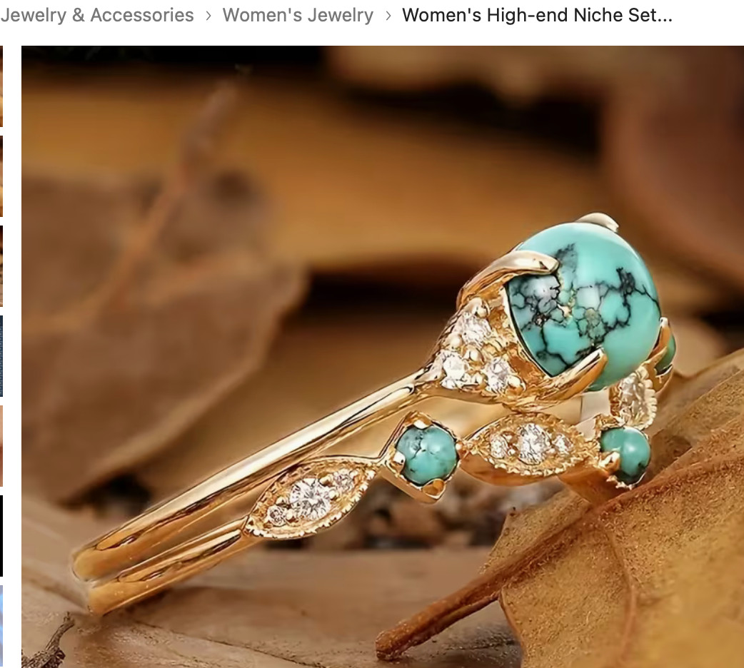 Vintage Turquoise Ring Set Boho Gold Filigree All Occasion Band Jewelry Sz 7
