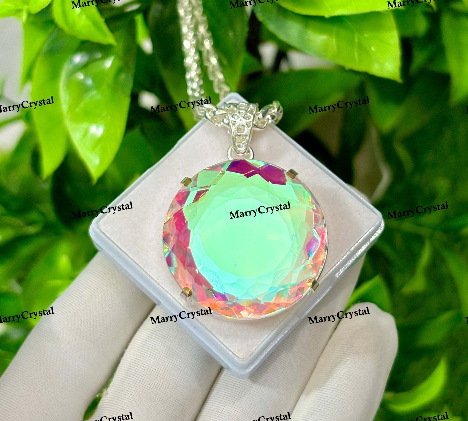 Handcrafted Dichroic Mystic Glass Pendant Necklace, Multi-Color Round Gemstone