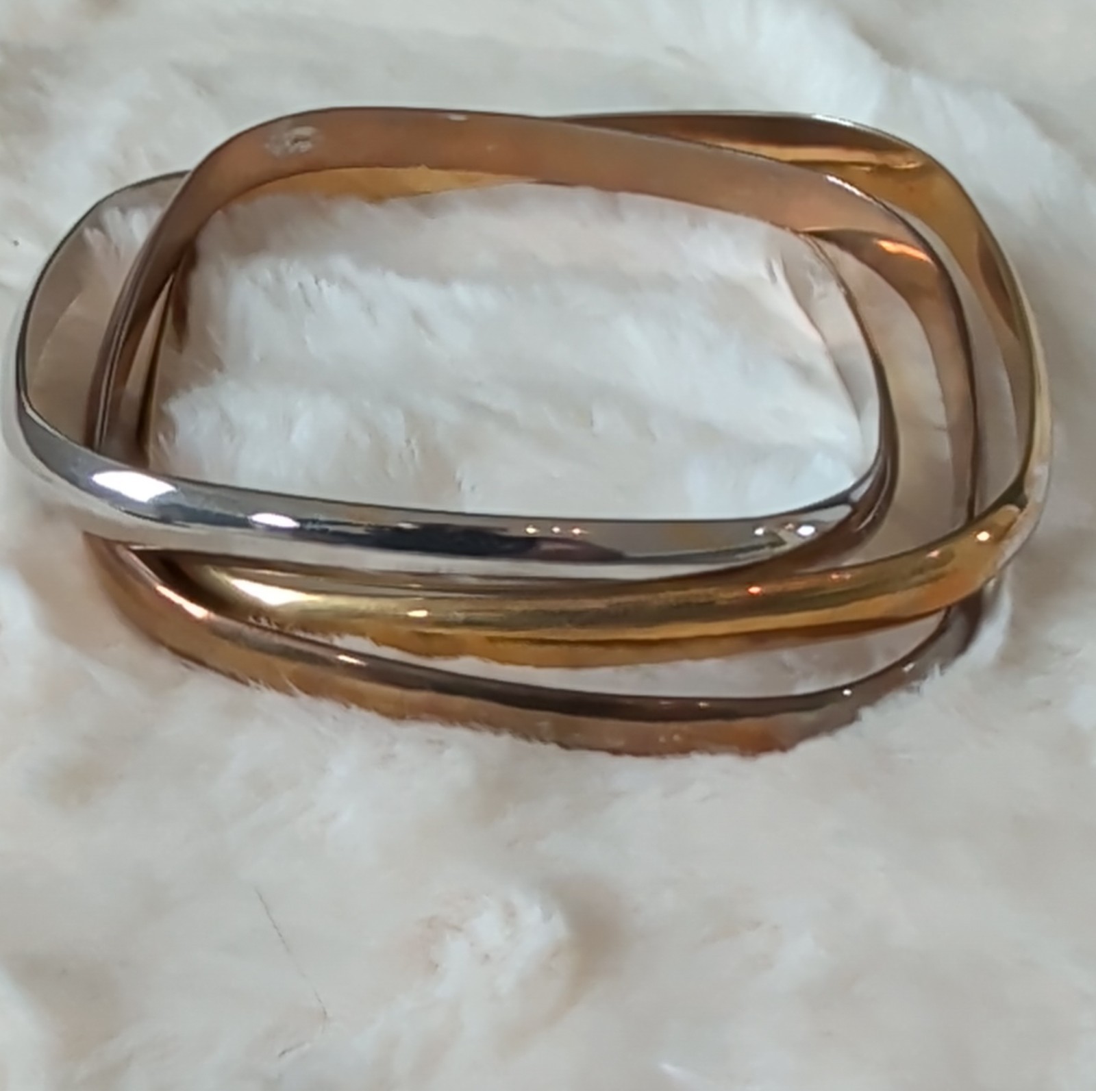 Asymmetrical Gold Silver Bronze Tone Metal Bangle Bracelet Set of 3, 8 inch