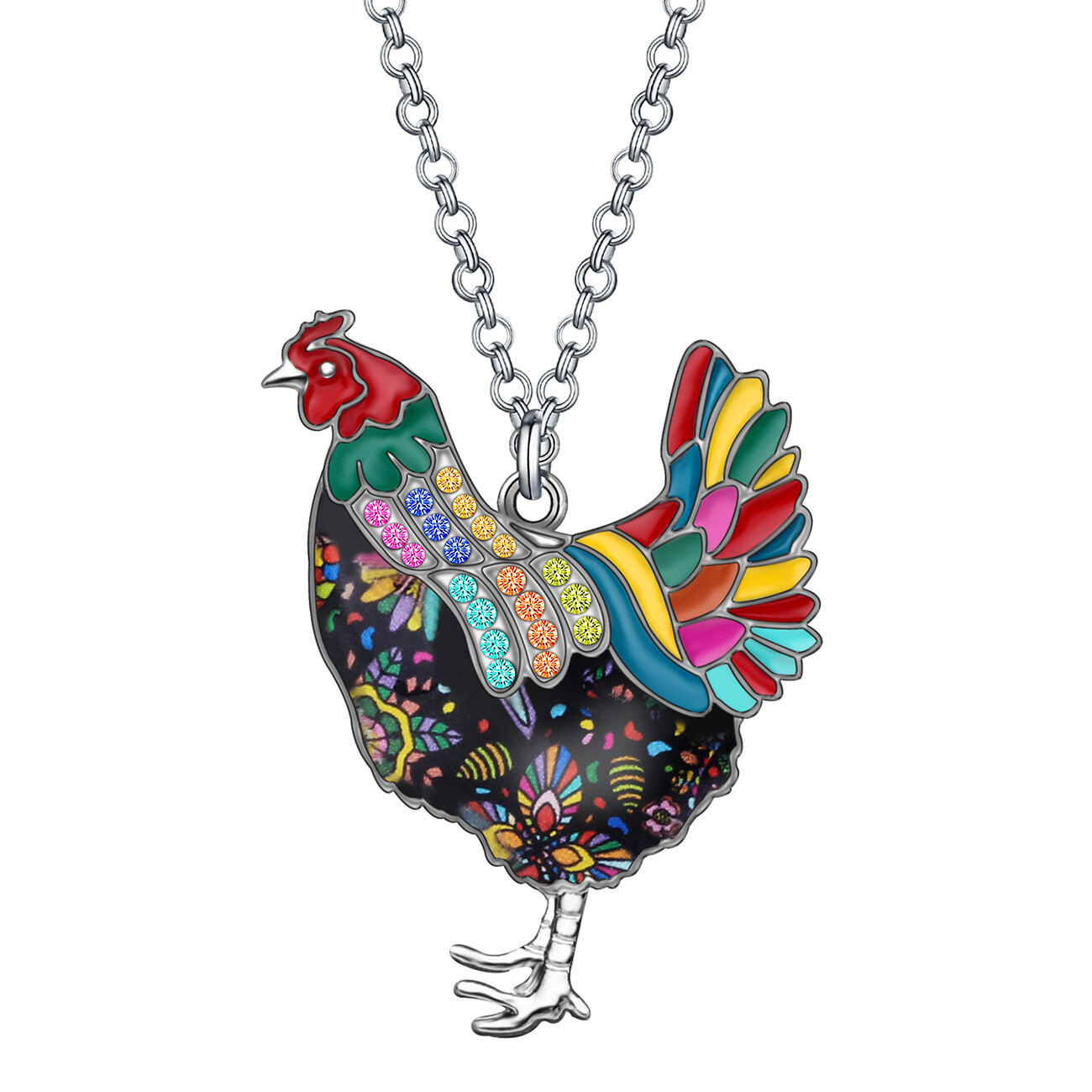 Enamel Alloy Rhinestone Chicken Hen Necklace Pendant Animals Jewelry Charm Gifts
