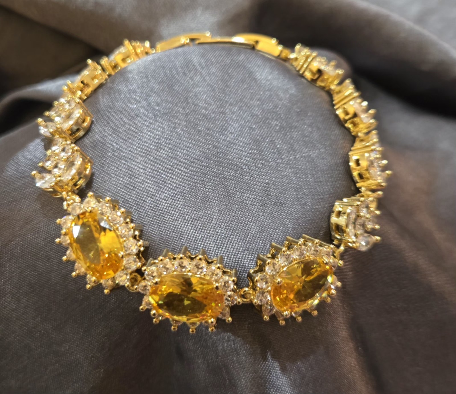 New 18k Gold Plated Yellow Oval Crystal Tennis Link Bracelet