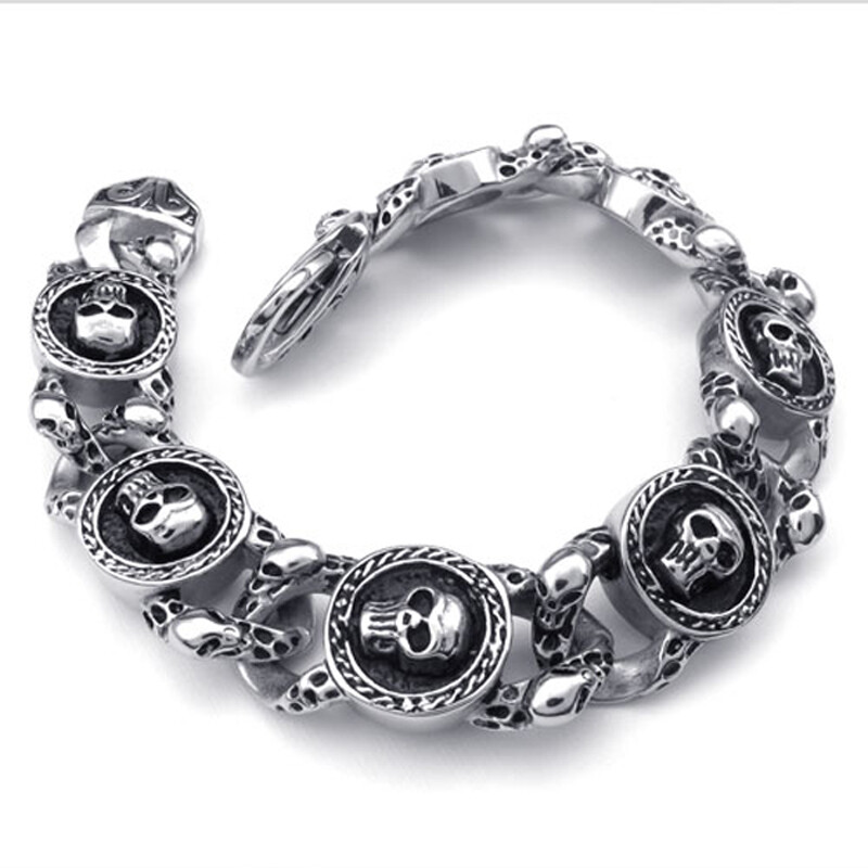Stainless Steel Silver Black Skull Link Chain Gothic Men Bracelet 8.66″ 15.5mm