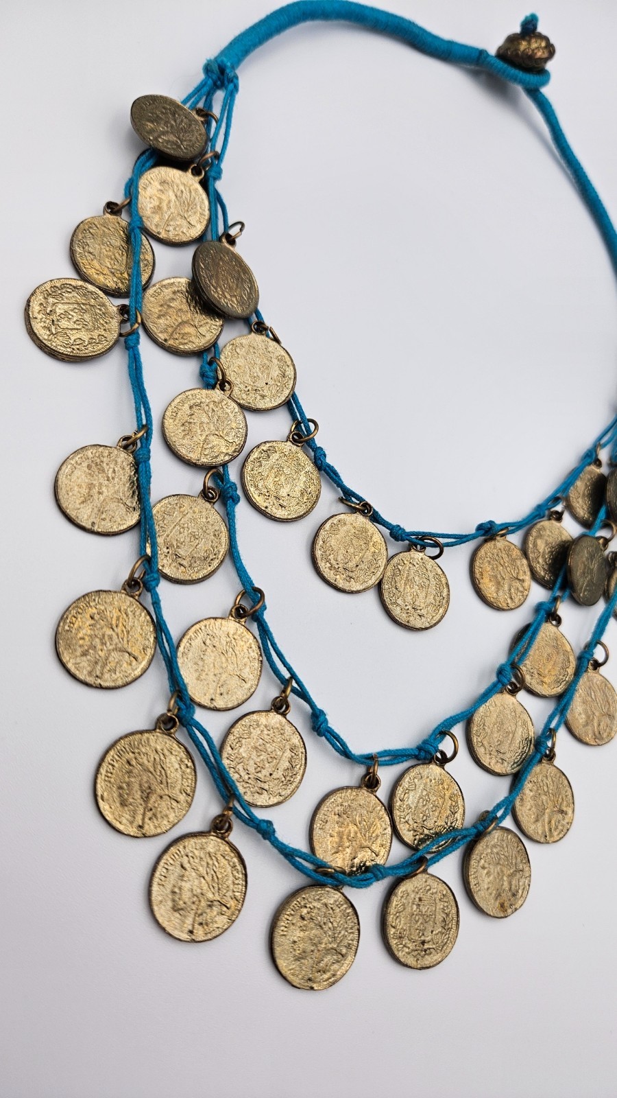 Nordstrom Boho Coin Bib Necklace Turquoise Blue Cord Antique Gold Tiered Gypsy