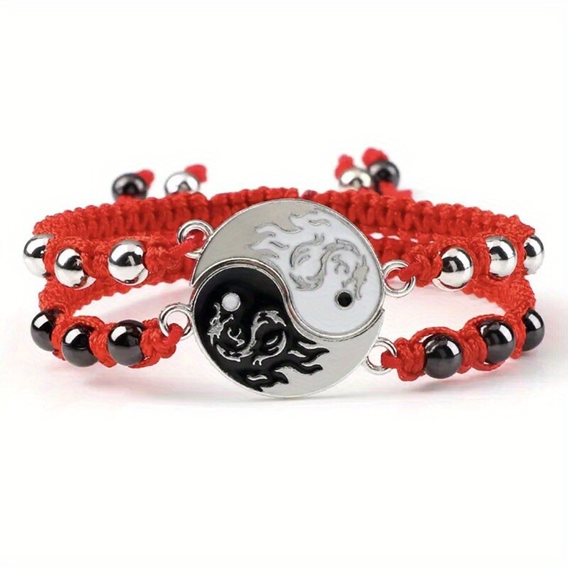 2 PCS Tai Chi Yin Yang Couple Matching Pendant Bracelet Adjustable Braided Chain