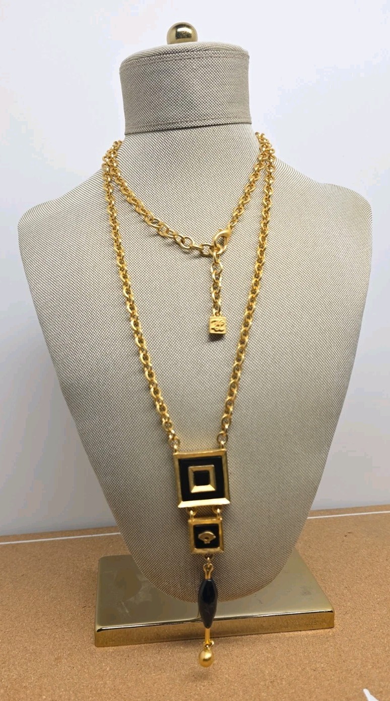 Karl Lagerfeld Black Enamel Gold Plated Dangle Pendant Chain Necklace Runway