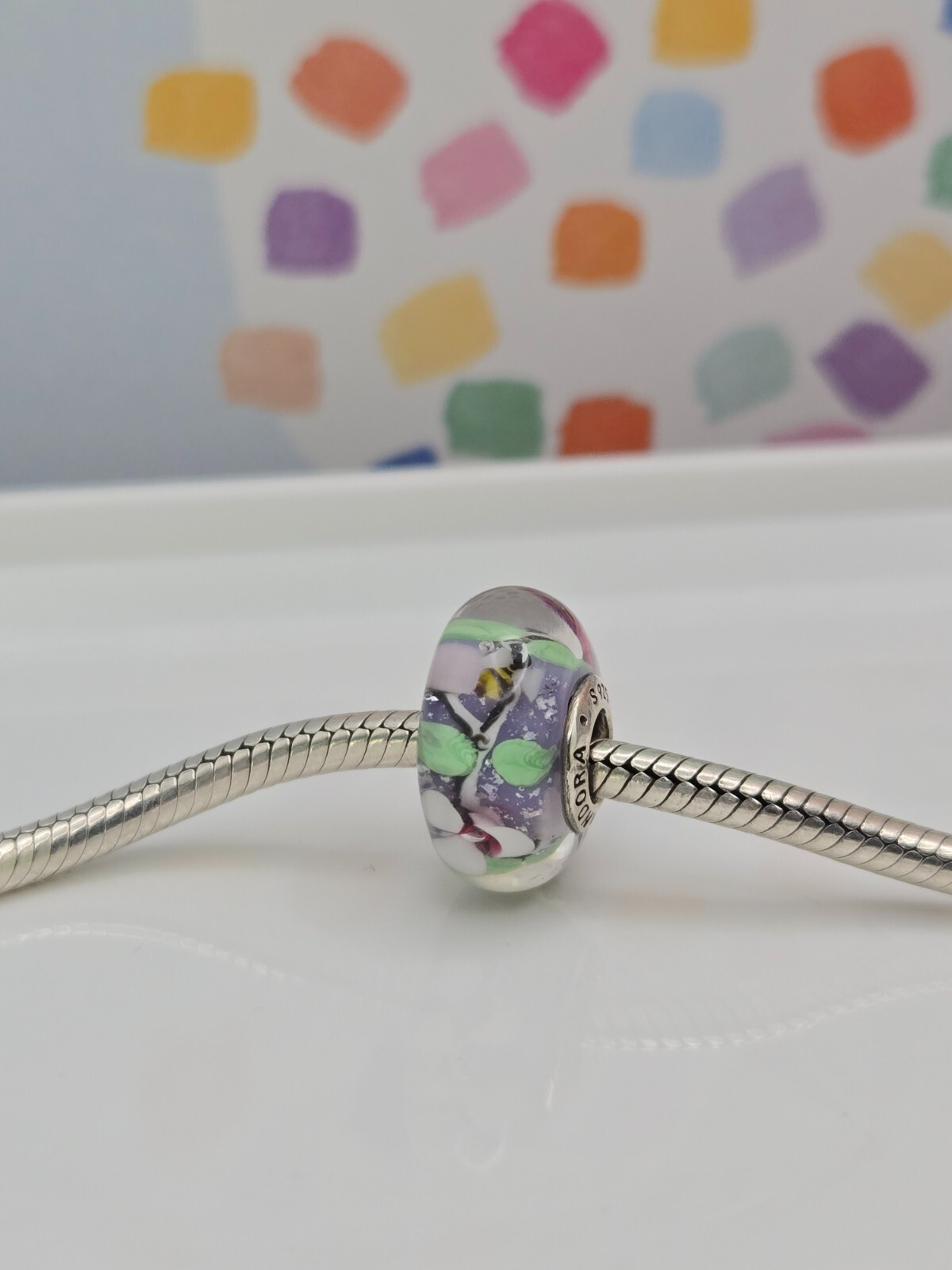 Authentic Pandora Bee silver flowers bee Murano Glass Silver murano Charm