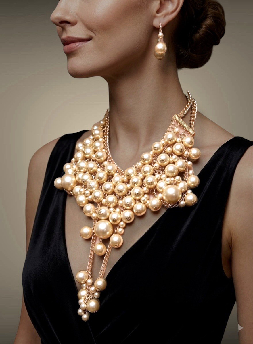 Champagne Light Brown Faux Pearl Statement Bib Necklace Earrings Jewelry Set