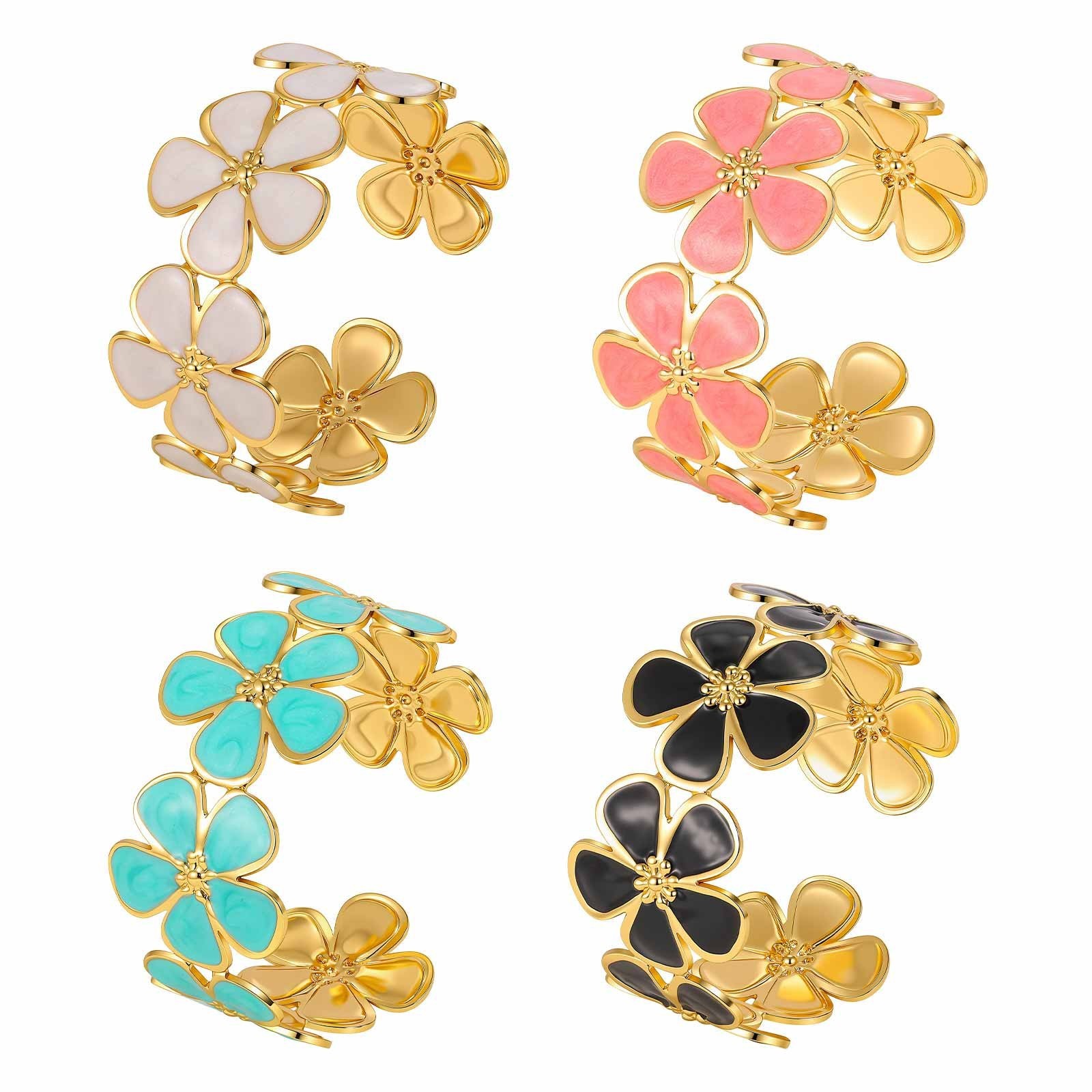 Stainless Steel Bracelet Enamel Flower Open Bangle Adjustable Classic Gift