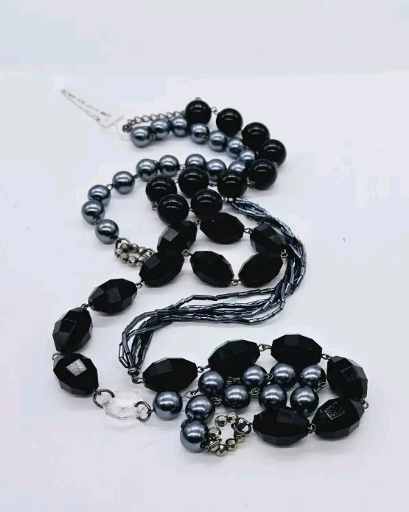 Beaded Black & Gray Silver Tone Beaded Long Necklace Lot of 2