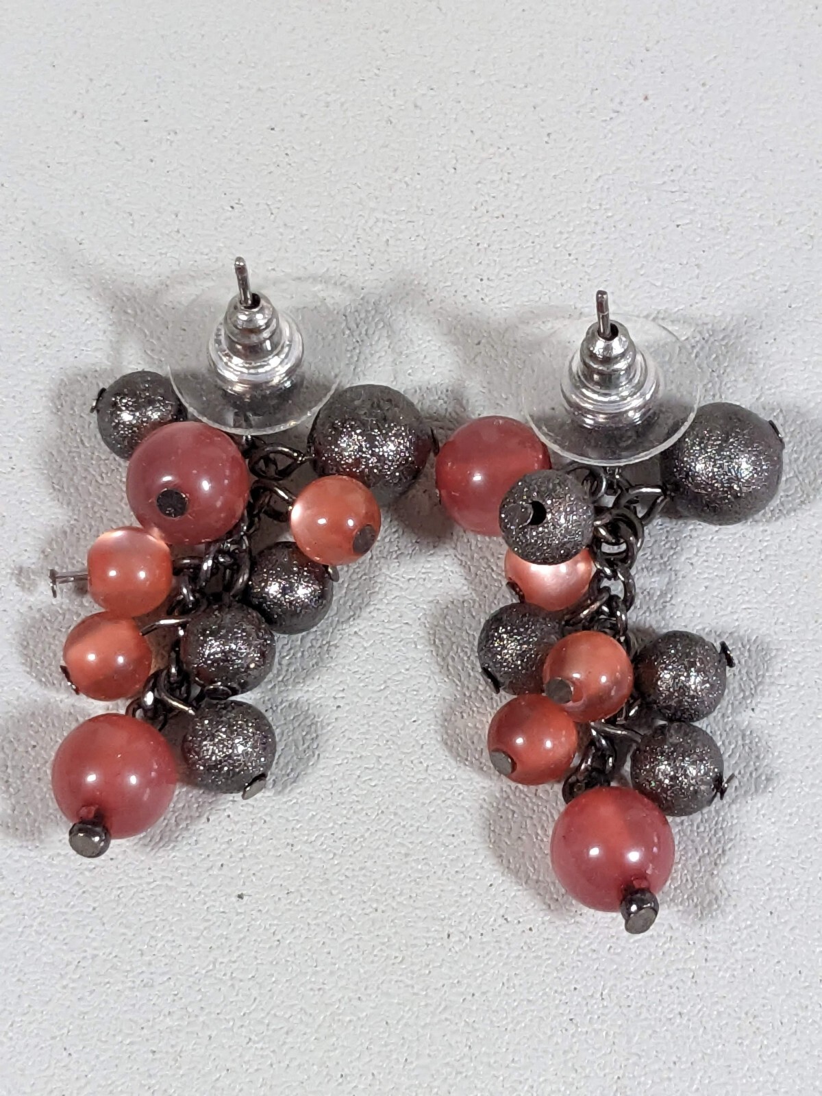 Gunmetal Gray Pink Textured Round Bead Cluster Dangle Pierced Earrings