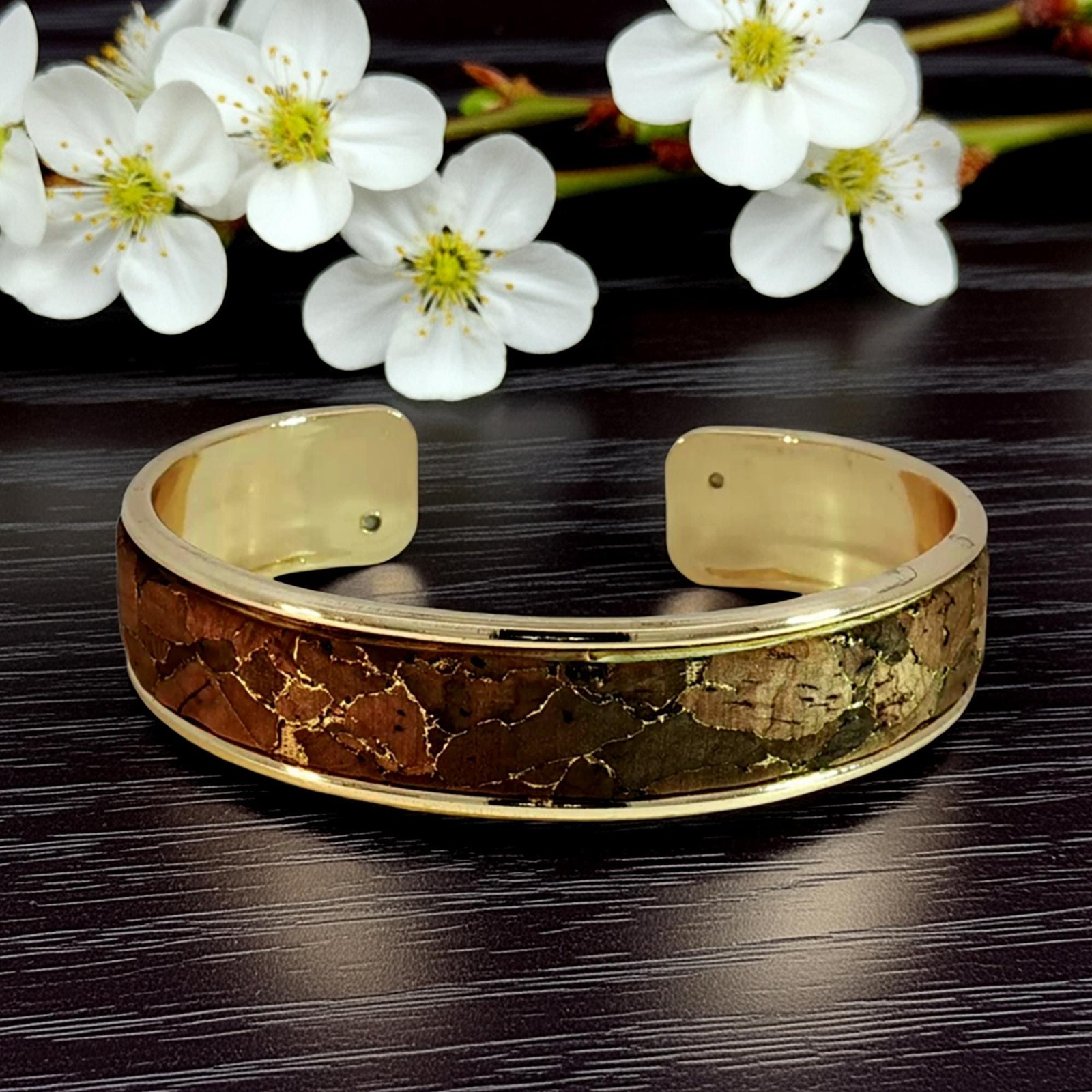 Natural Cork Bracelet Skinny Metallic Cuff Handmade in Portugal