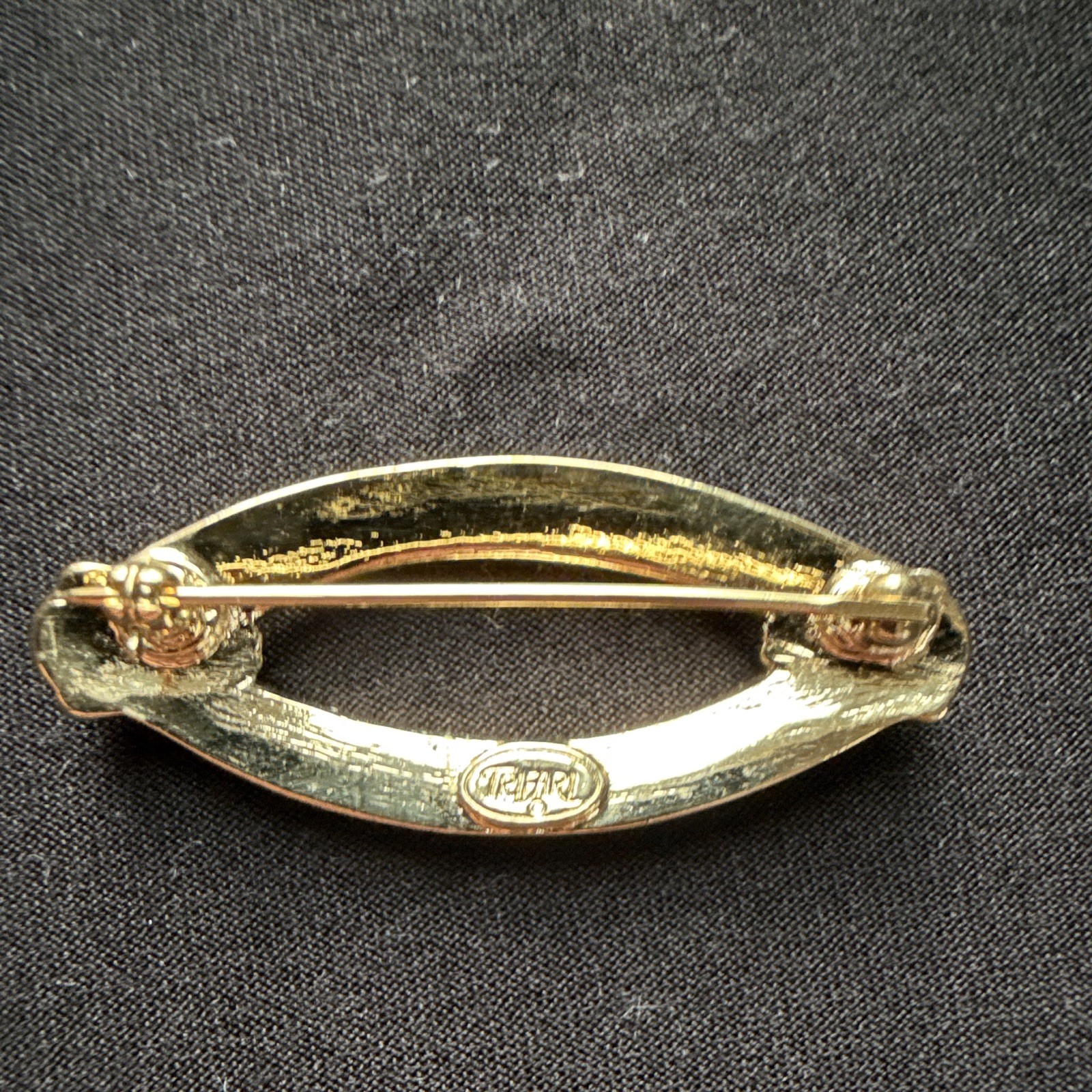 Vintage Trifari Signed Gold Tone Black Enamel Oval Brooch Pin w/ Rhinestones