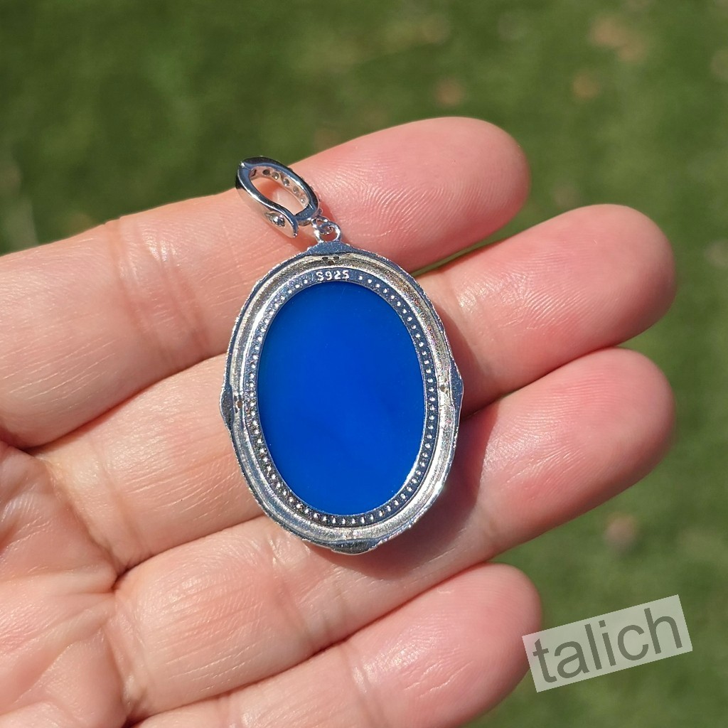 925 Sterling Silver Blue Agate & CZ Horse Cameo Pendant Fine Elegant Gift Idea
