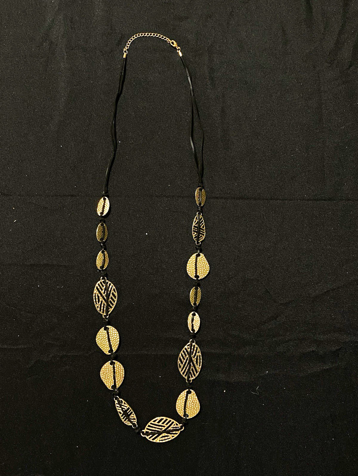 Black Cord Silver Tone Disc Link Statement Chain Necklace, Lobster Clasp