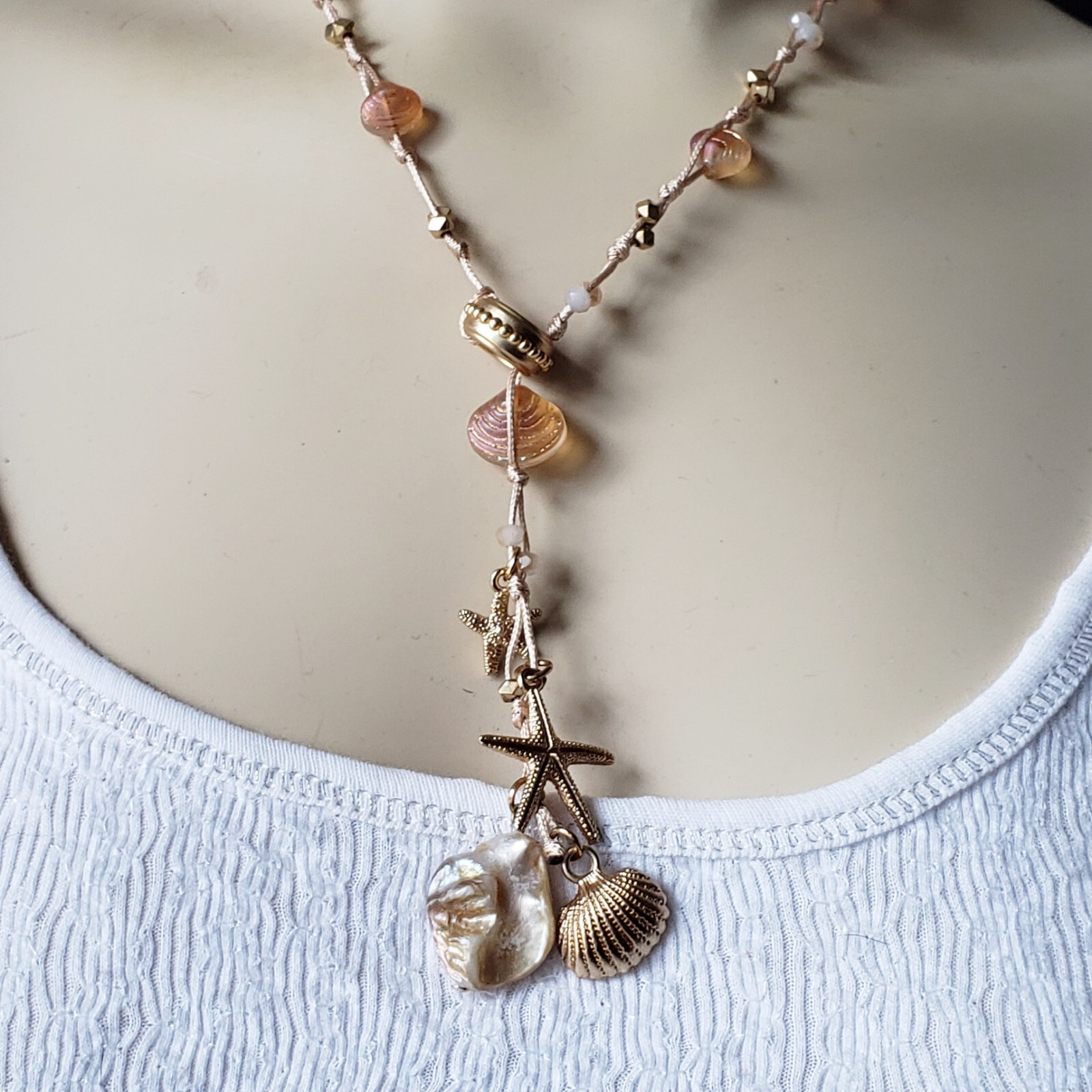 Sea Life Starfish Glass Shell Coral Beach Woven Rope Y Lariat Long Necklace NWT