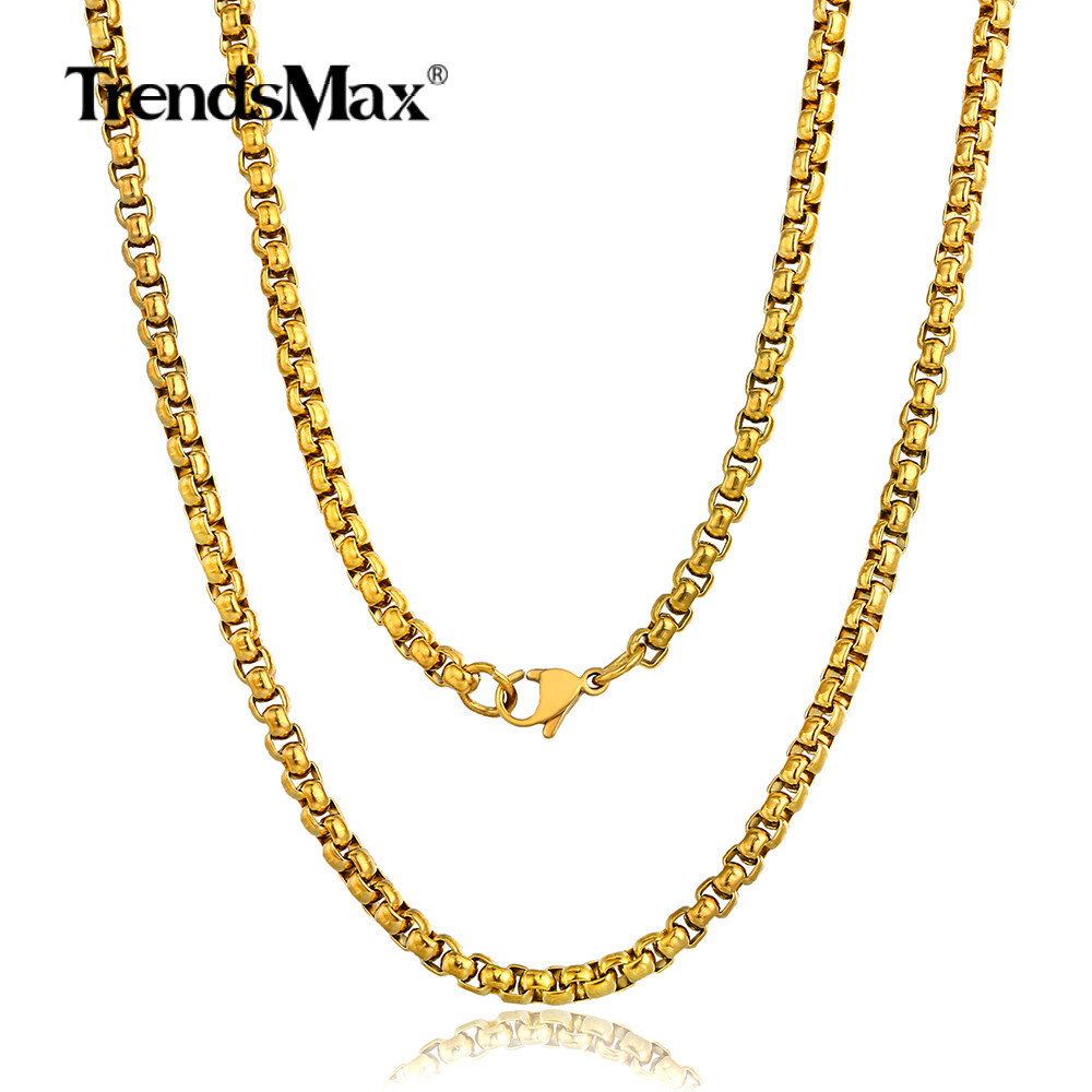 4mm Mens Round Box Link Gold Plated Stainless Chain Steel Necklace 18-36 inches