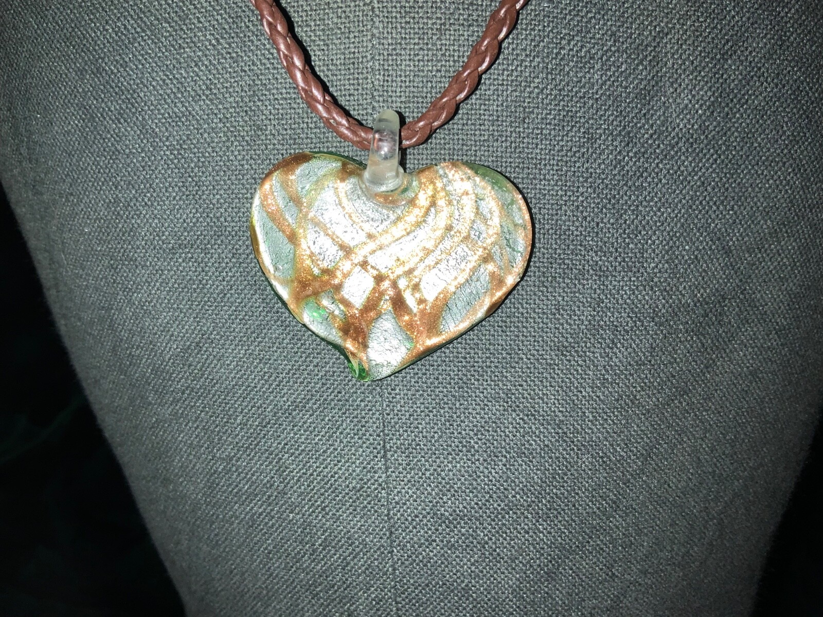 CHICOS Necklace leather chain ,metal, & glass pendant new without tags see photo