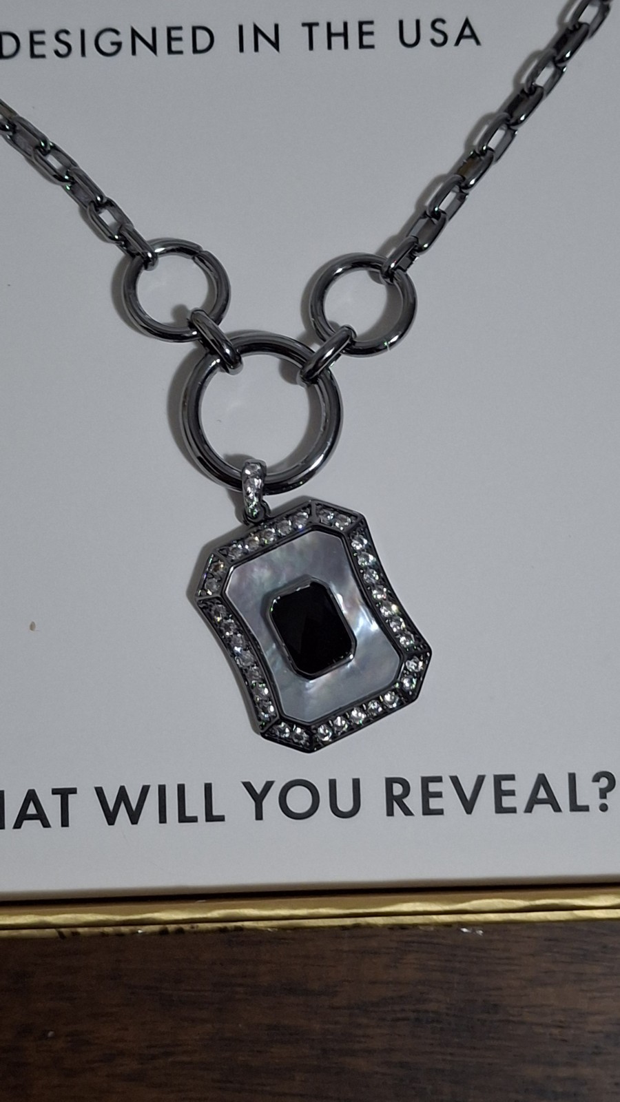The Gem Society Black Onyx CZ Mother of Pearl Hematite Plated Necklace “NIB”