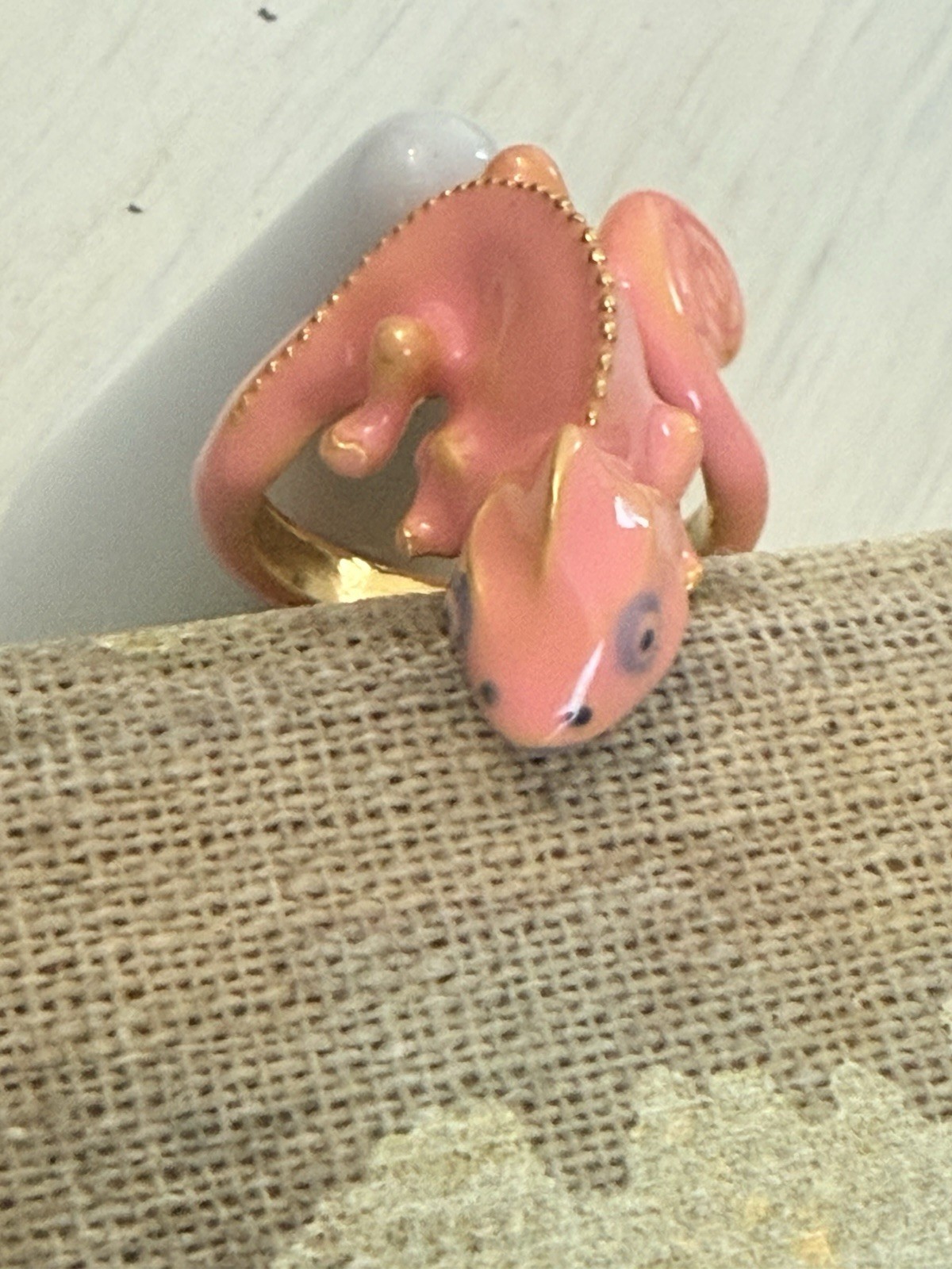 Chameleon Pink Lizard Unique Enamel ring size 8 Gift Tropical Jewelry