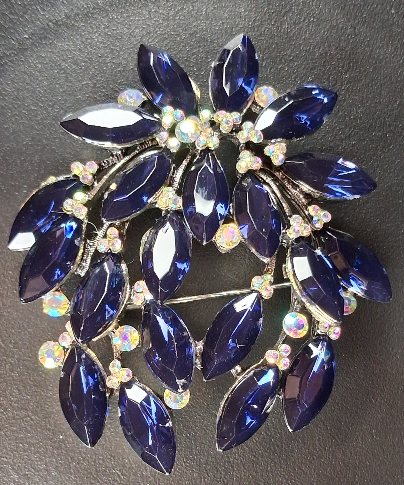 Vintage Style Navy Blue Rhinestone Leaf Wreath Brooch AB Accents Silver Tone