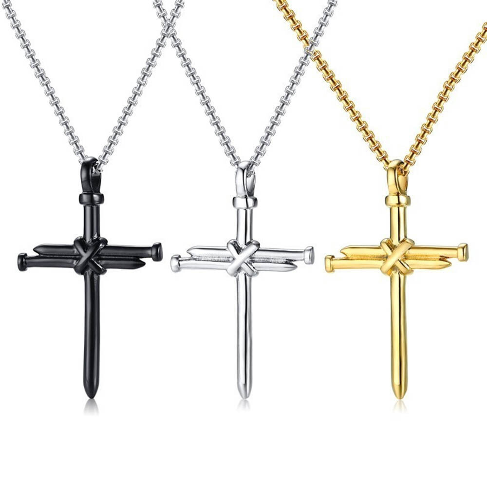 Nail Cross Pendant Necklace – Alloy Metal, 3 Colors, 24″ Rounded Box Chain
