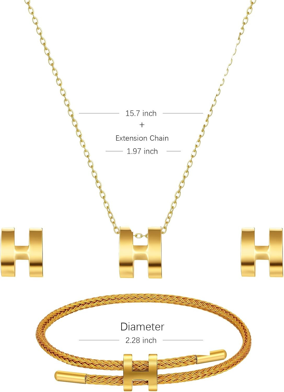 H Jewelry Set for Women 3 Piece, H Titanium Steel Necklace, Earrings, Bracelet S