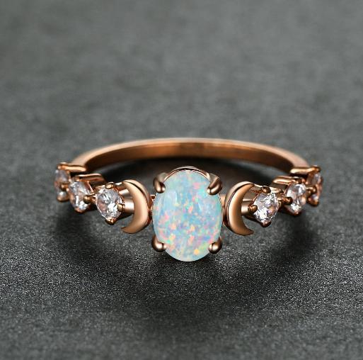 Sparking Oval Shape White Fire Opal White Topaz Gems Rose Gold Rings Size 6~10