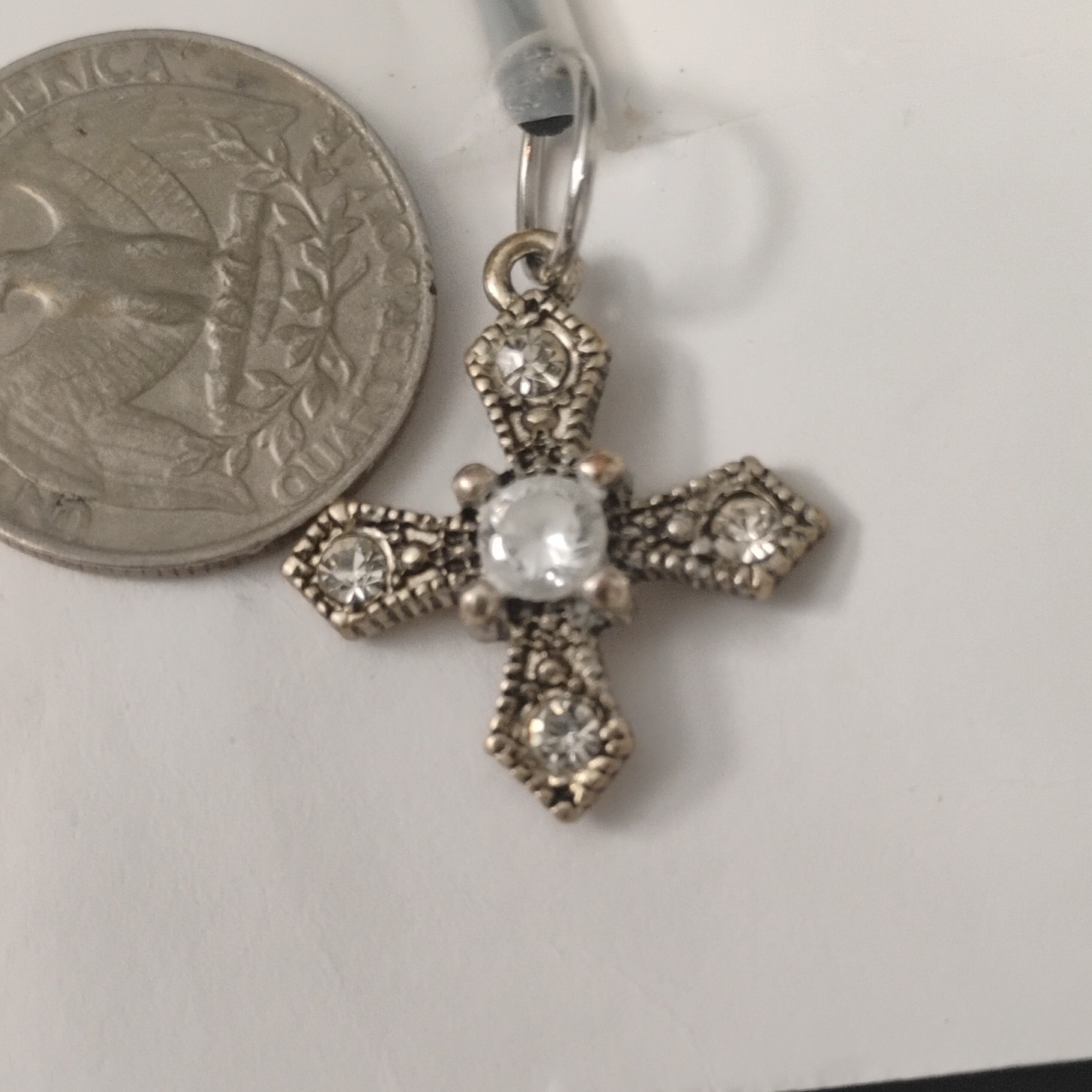 Silver Tone Cross Charm Pendant Cord Necklace, Clear Round Crystal, Lobster