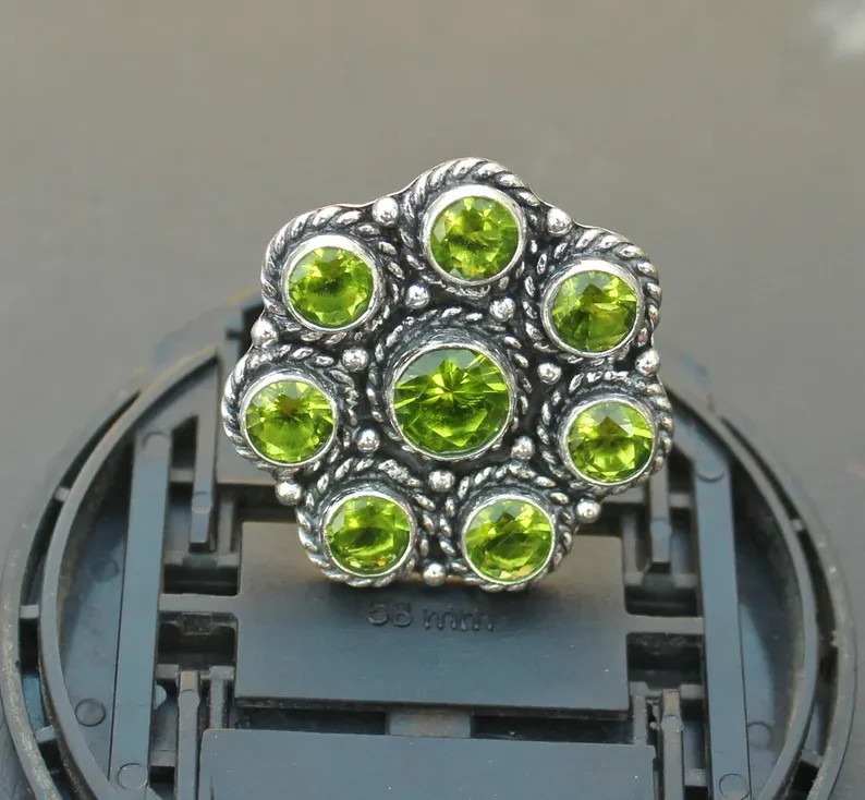 Peridot Cluster Ring | Vintage Style Peridot Ring. Green Gemstone Statement Ring