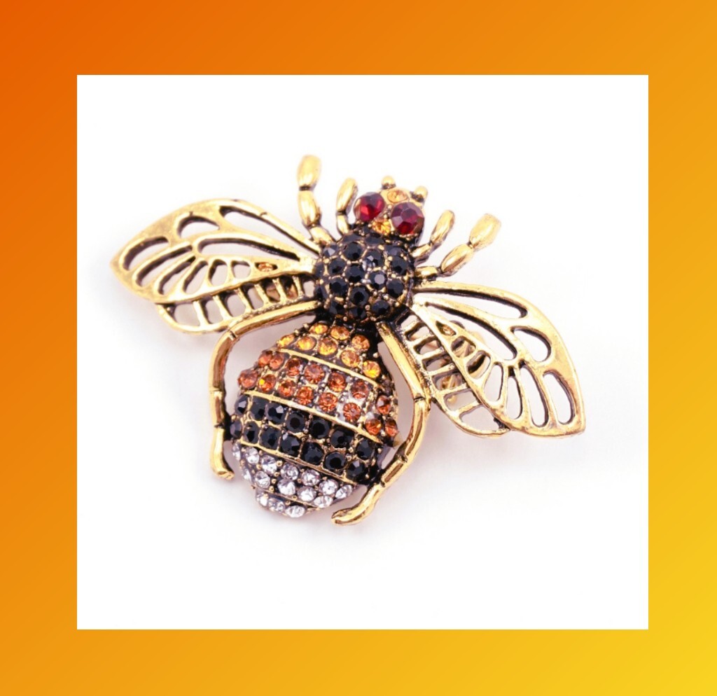 RHINESTONE QUEEN BEE GOLD INSECT BROOCH PIN~MOTHERS DAY BIRTHDAY GIFT FOR HER