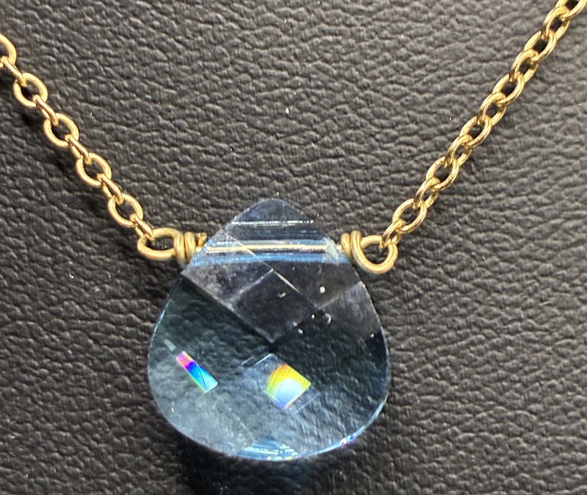 Touchstone Light Sapphire, Briolette, Swarovski Crystal Gold Tone Necklace