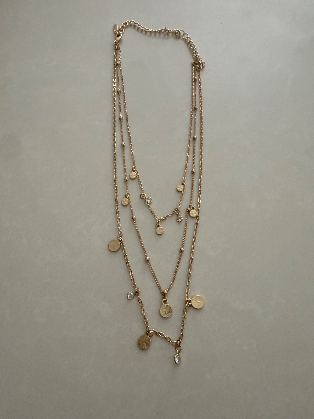 NEW Ettika Crystal charm Triple strand Pre-Layered Gold Necklace