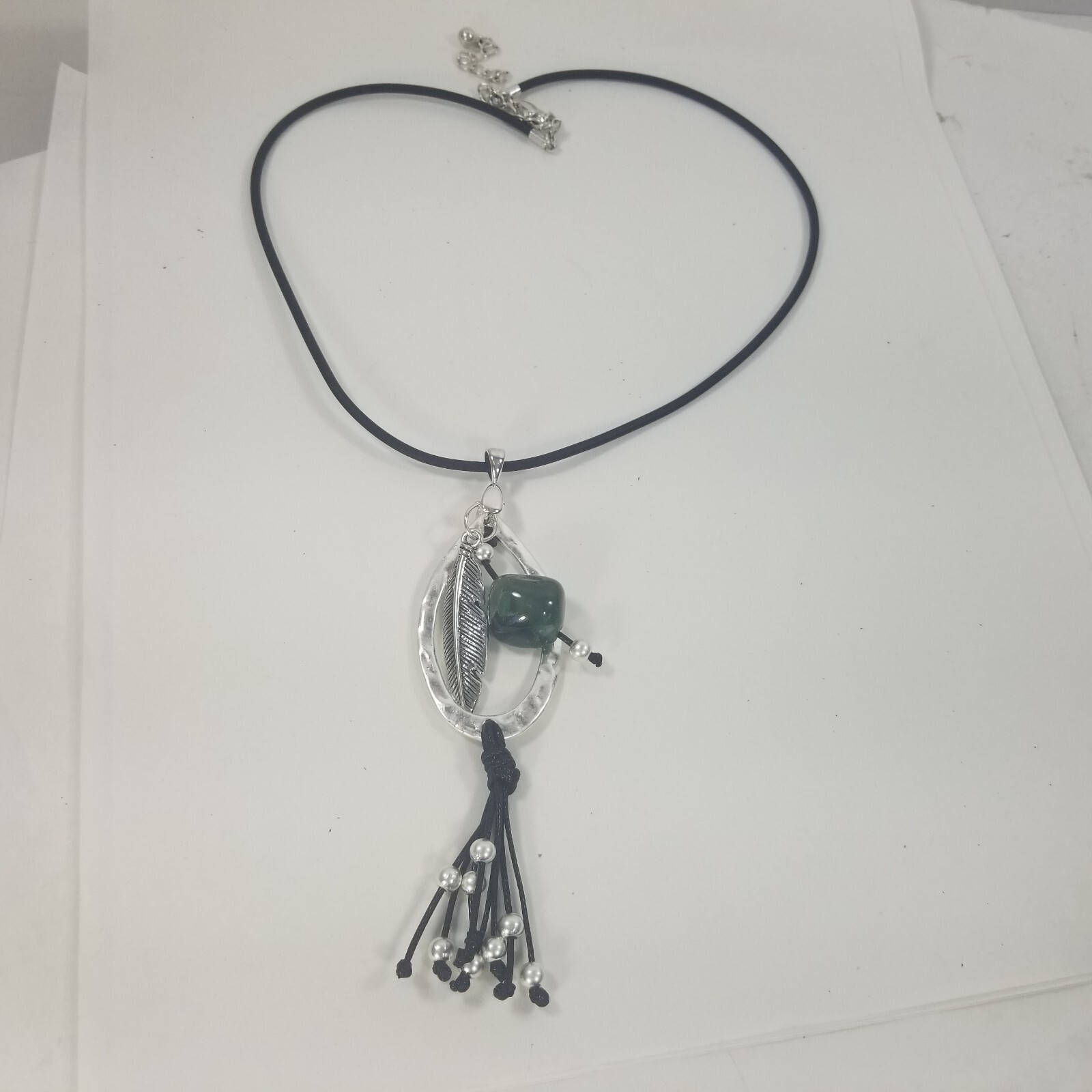 Necklace Feather Dangles Black Cord Sliver Tone Bead Hammered Textured Green