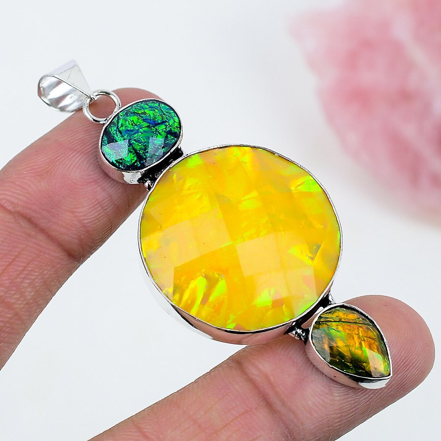 Color Enhanced Opal Tripplet 925 Silver Plated Handmade Pendant of 2.8″