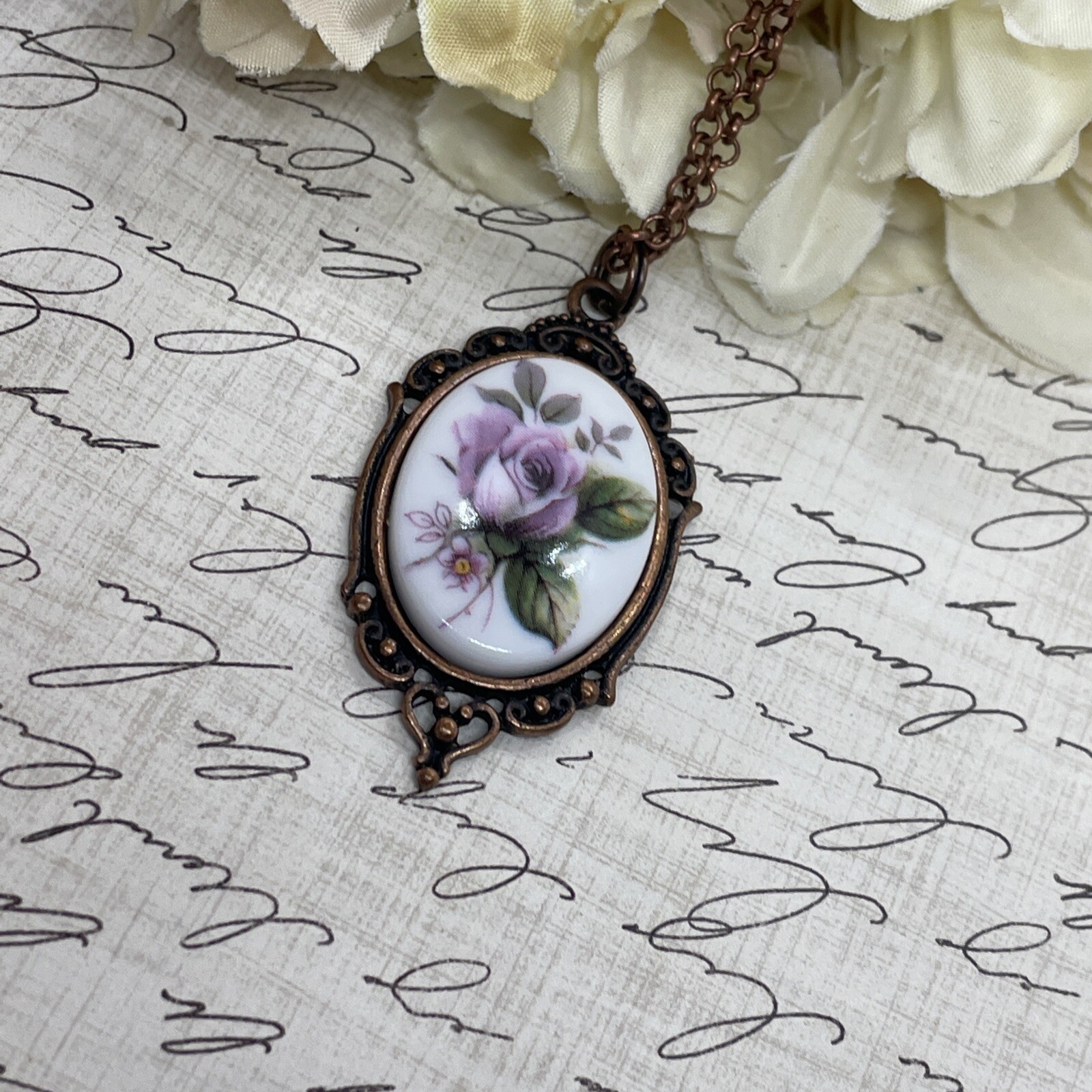 Mauve Rose Copper Heart Frame Necklace Pendant Mom Daughter Gift Wife Lilac