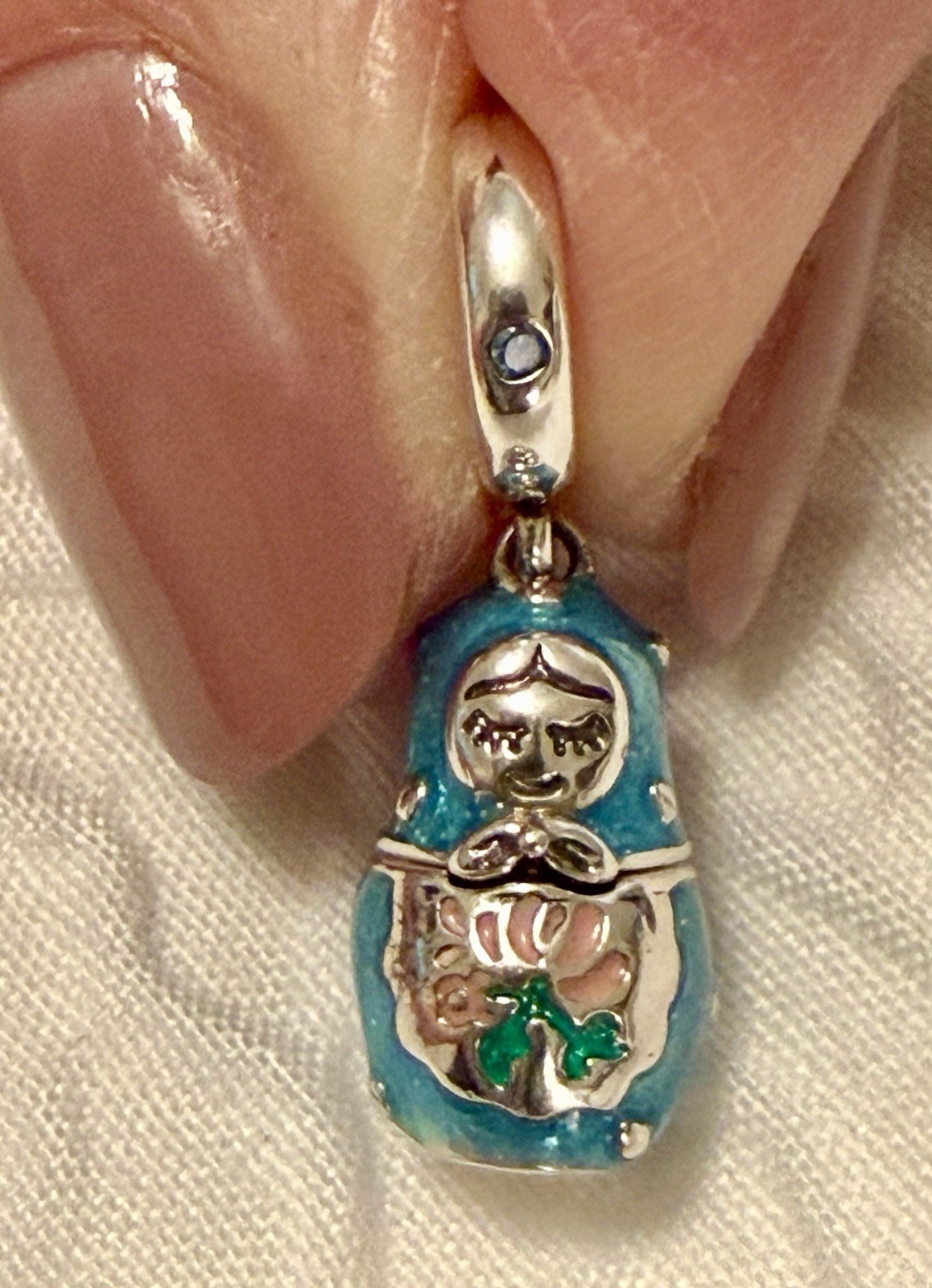 Charm / pendant – 1″h russian nesting doll charm – blue silver.New! No flaws