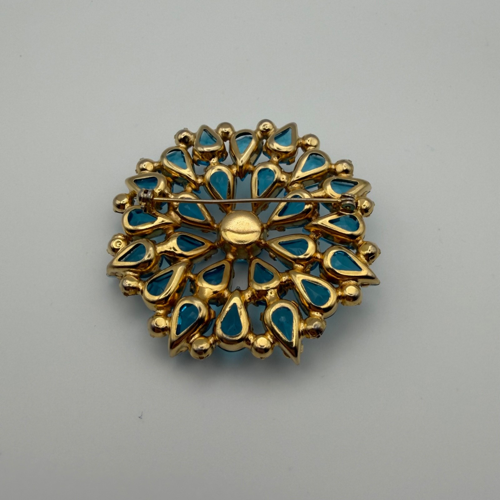 Vintage Aqua Blue Teardrop Rhinestone Wreath Brooch AB Crystal Statement Pin