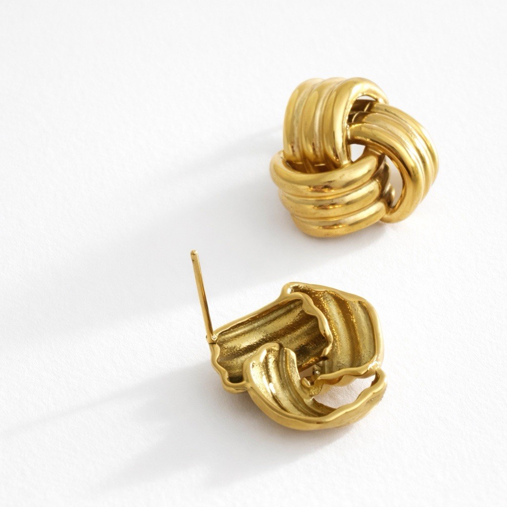 Gold Knot Stud Earrings PVD Stainless Steel Hypoallergenic Statement 21mm